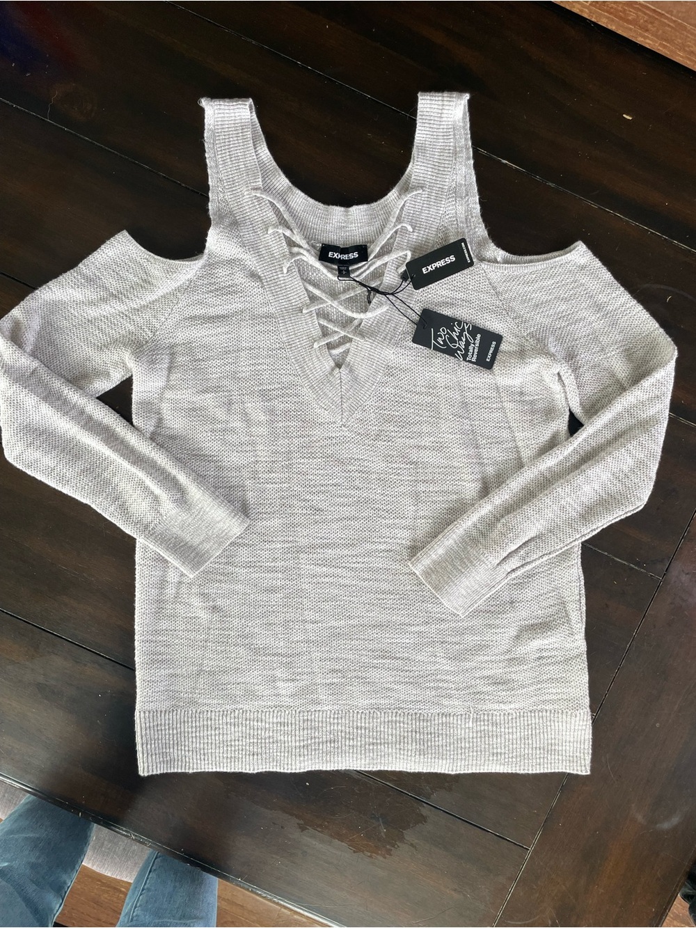 Express Lace-Up Cold-Shoulder V-Neck Sweater - Light Taupe